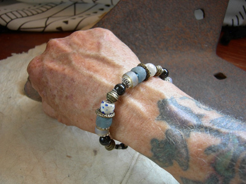 Seafoam Bracelet, Antiqued Venetian Glass Beads, Antiqued Brass
