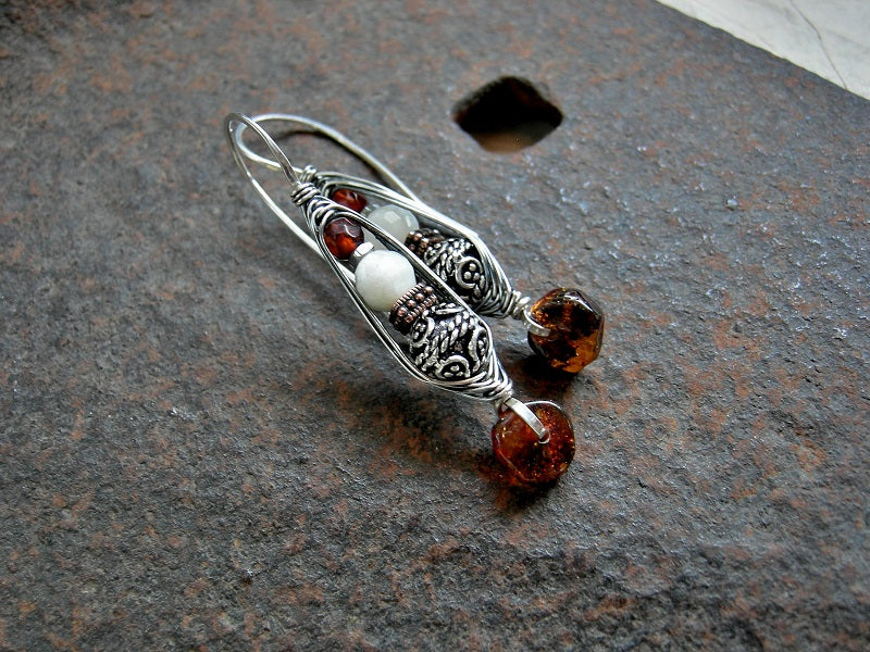 Sun & Moon Earrings, Sterling Wrapped Hook Style, Amber & Moonstone