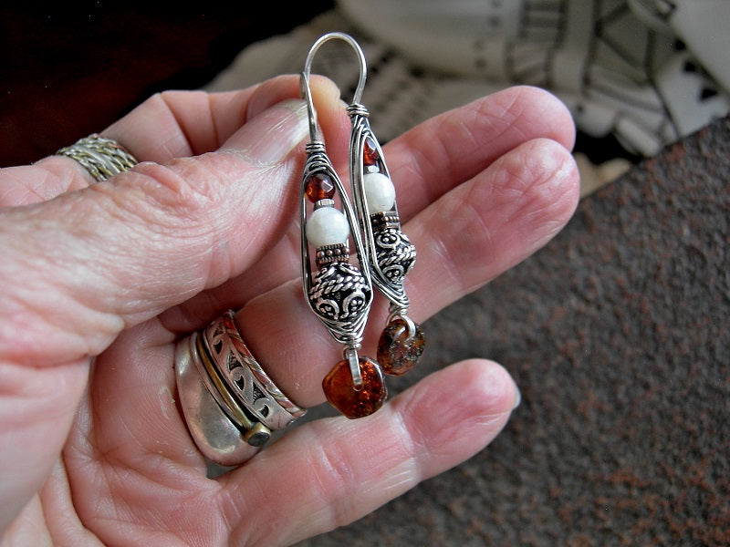 Sun & Moon Earrings, Sterling Wrapped Hook Style, Amber & Moonstone