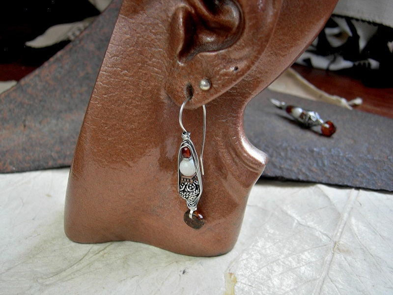 Sun & Moon Earrings, Sterling Wrapped Hook Style, Amber & Moonstone