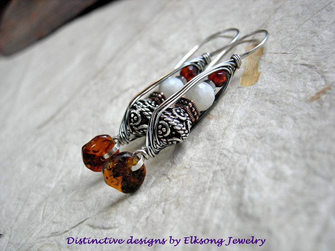 Sun & Moon Earrings, Sterling Wrapped Hook Style, Amber & Moonstone