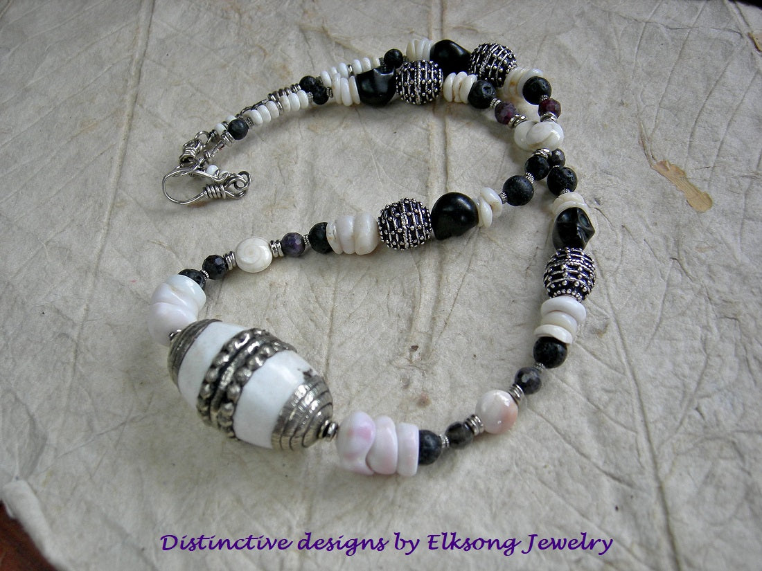 Spirit of Kali Necklace, Naga Shell, Silver, Black Rubies & Sugar Skulls
