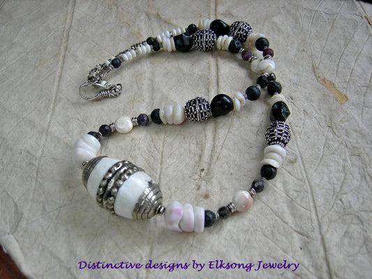 Spirit of Kali Necklace, Naga Shell, Silver, Black Rubies & Sugar Skulls