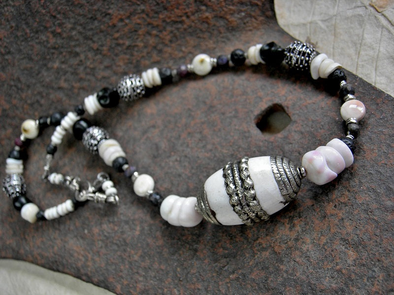 Spirit of Kali Necklace, Naga Shell, Silver, Black Rubies & Sugar Skulls