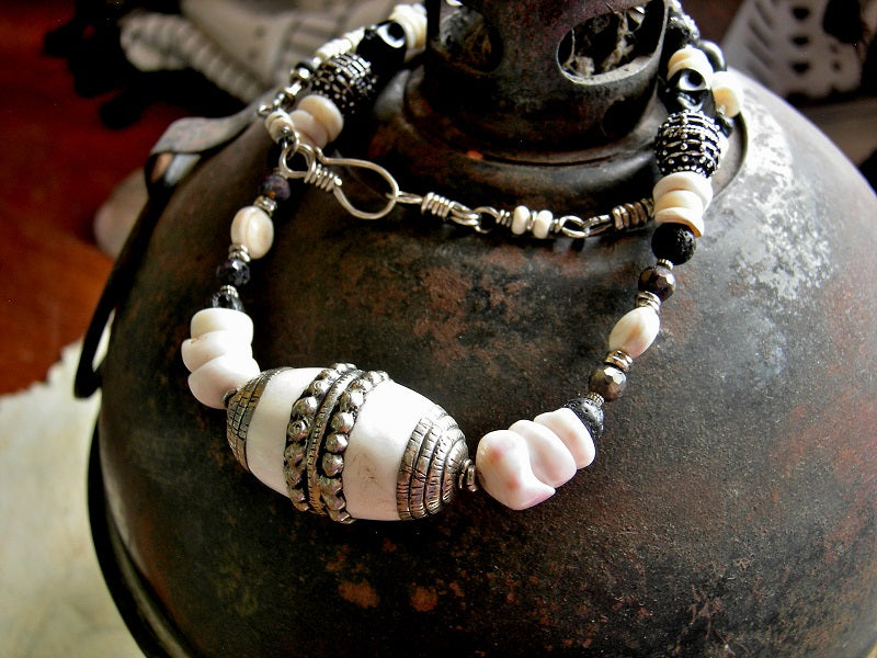 Spirit of Kali Necklace, Naga Shell, Silver, Black Rubies & Sugar Skulls