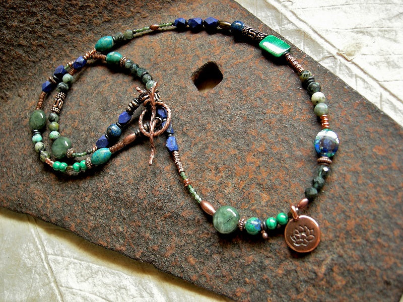 Lotus Pond Wrap Bracelet/Necklace, Green & Blue Gemstone, Copper Lotus