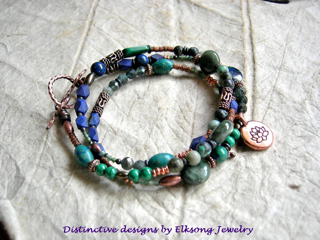 Lotus Pond Wrap Bracelet/Necklace, Green & Blue Gemstone, Copper Lotus