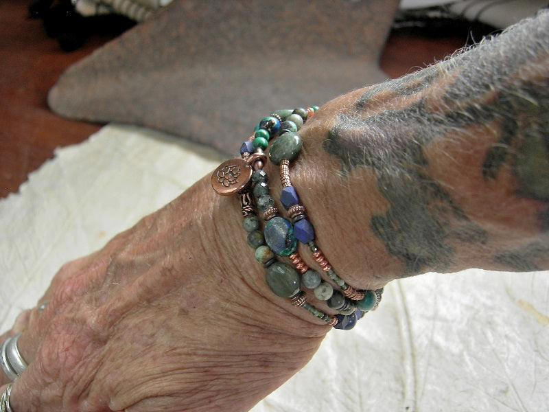 Lotus Pond Wrap Bracelet/Necklace, Green & Blue Gemstone, Copper Lotus