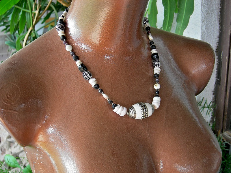 Spirit of Kali Necklace, Naga Shell, Silver, Black Rubies & Sugar Skulls