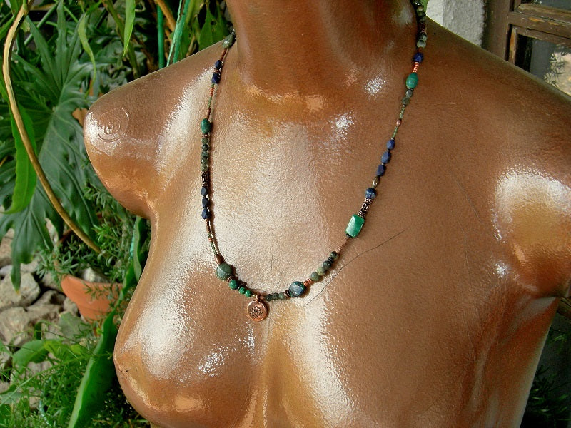 Lotus Pond Wrap Bracelet/Necklace, Green & Blue Gemstone, Copper Lotus