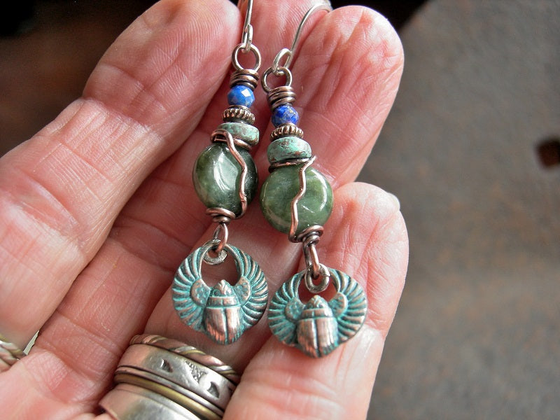 Nile Waters Earrings, Verdigris Copper Scarab Charms, Jade & Lapis