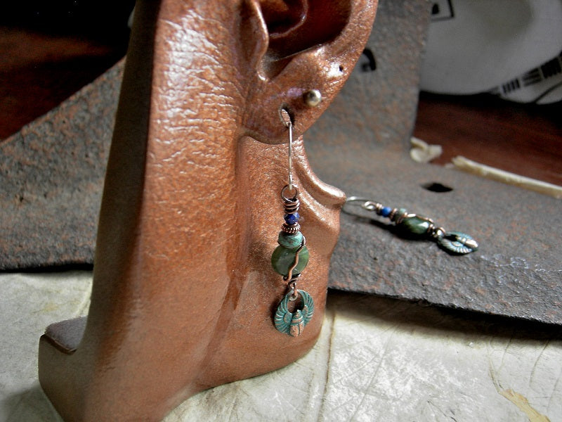 Nile Waters Earrings, Verdigris Copper Scarab Charms, Jade & Lapis