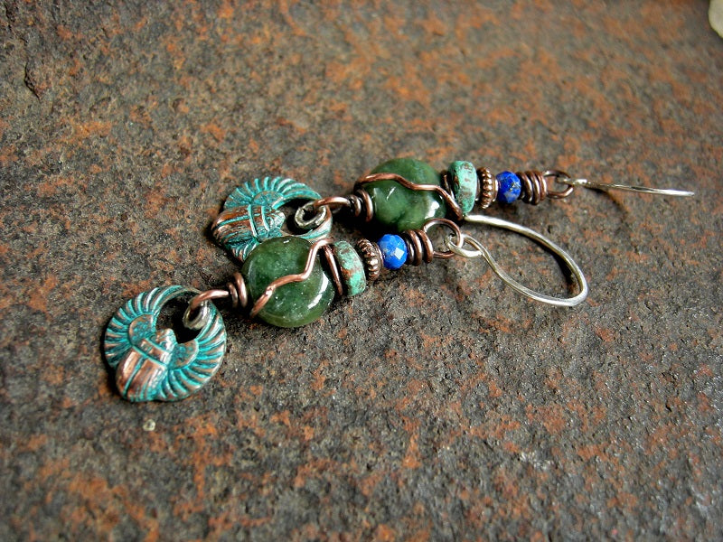Nile Waters Earrings, Verdigris Copper Scarab Charms, Jade & Lapis