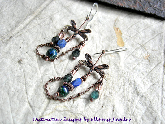 Dragonfly Pool Earrings, Copper Chandelier, Blue Green Gemstone