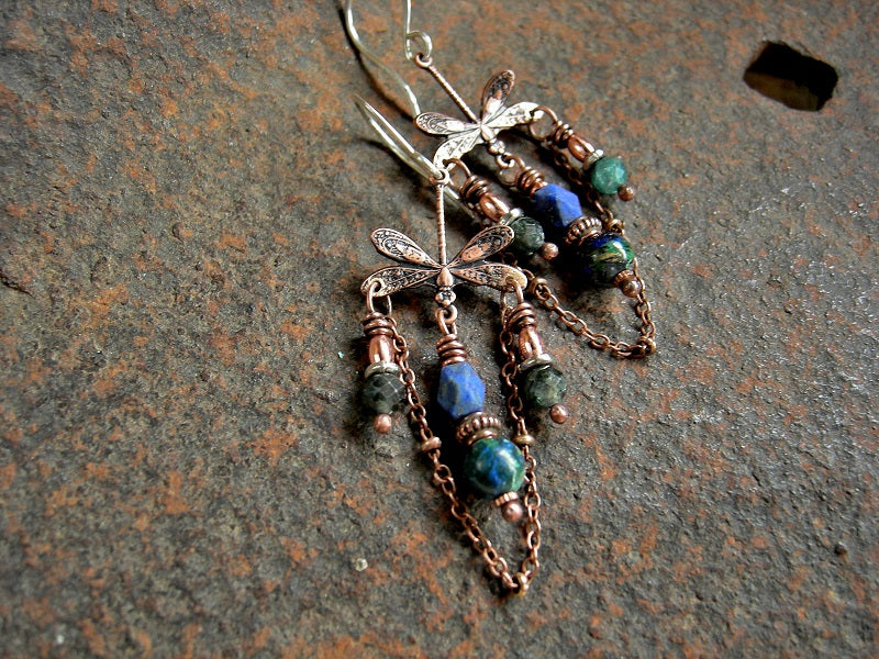 Dragonfly Pool Earrings, Copper Chandelier, Blue Green Gemstone