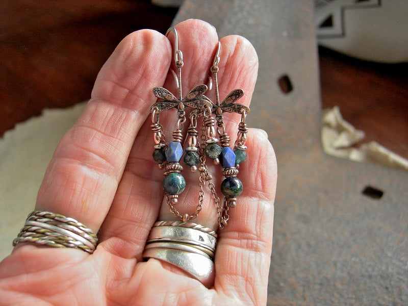 Dragonfly Pool Earrings, Copper Chandelier, Blue Green Gemstone