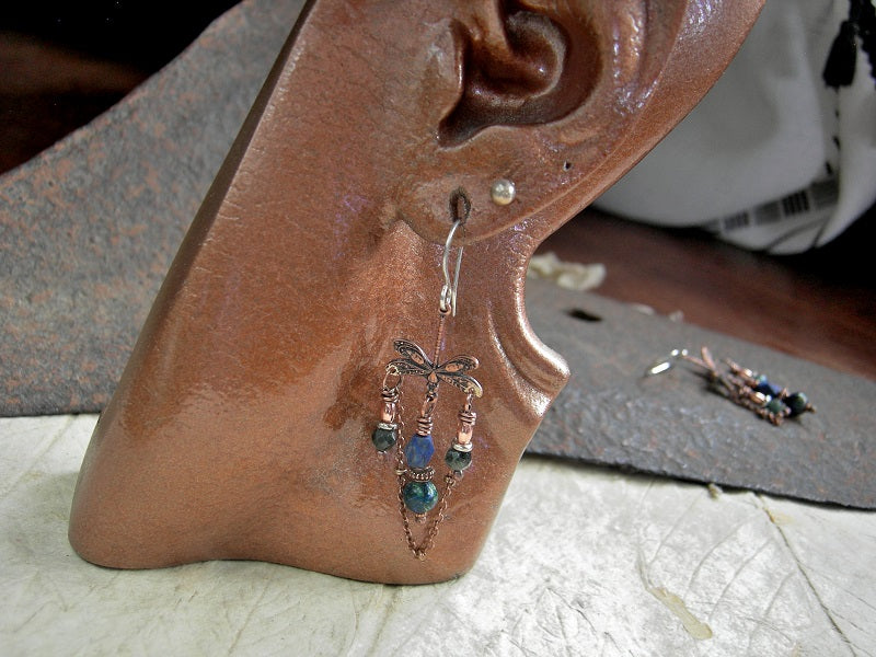 Dragonfly Pool Earrings, Copper Chandelier, Blue Green Gemstone