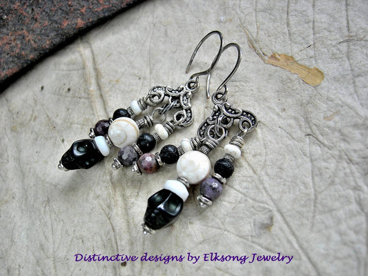 Kali Chandelier Earrings, Silver & Black, Faceted Dark Ruby, Sugar Skulls