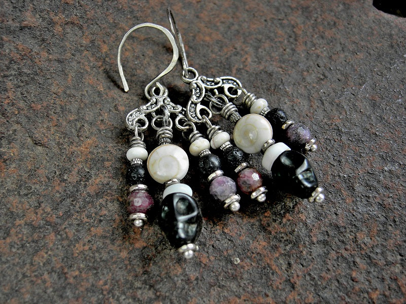 Kali Chandelier Earrings, Silver & Black, Faceted Dark Ruby, Sugar Skulls