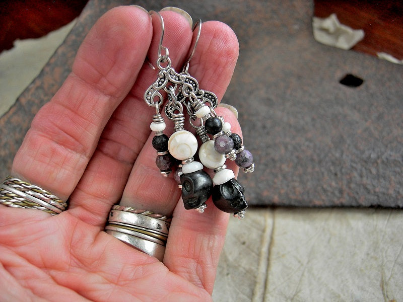 Kali Chandelier Earrings, Silver & Black, Faceted Dark Ruby, Sugar Skulls