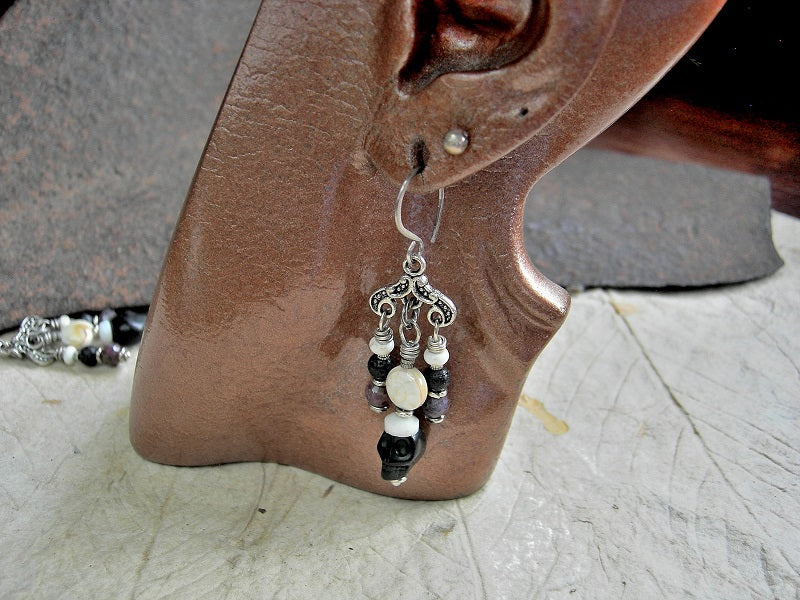 Kali Chandelier Earrings, Silver & Black, Faceted Dark Ruby, Sugar Skulls