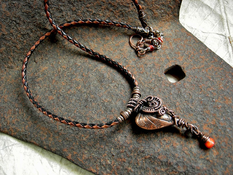 Love Knot Necklace, Thai Style Copper Heart, Coral & Wire Wrap