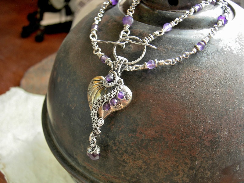 Purple Velvet Heart Necklace, Sterling Wire Wrap & Amethyst