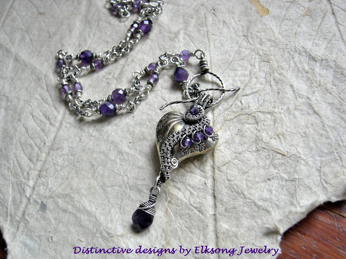 Purple Velvet Heart Necklace, Sterling Wire Wrap & Amethyst