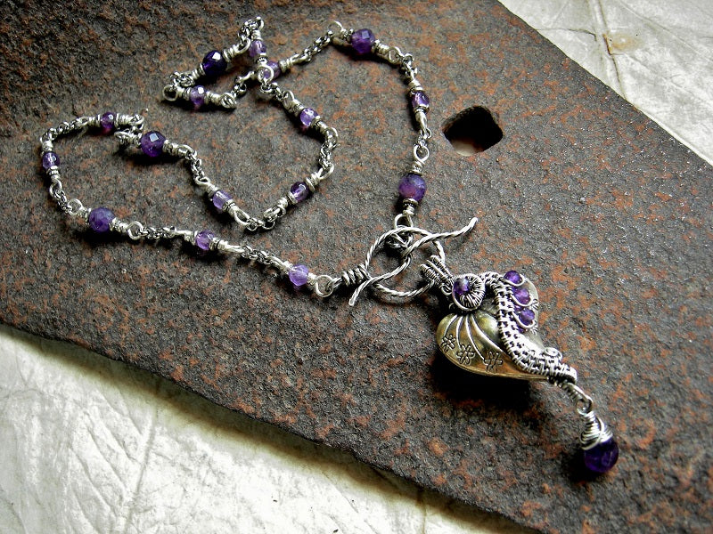 Purple Velvet Heart Necklace, Sterling Wire Wrap & Amethyst
