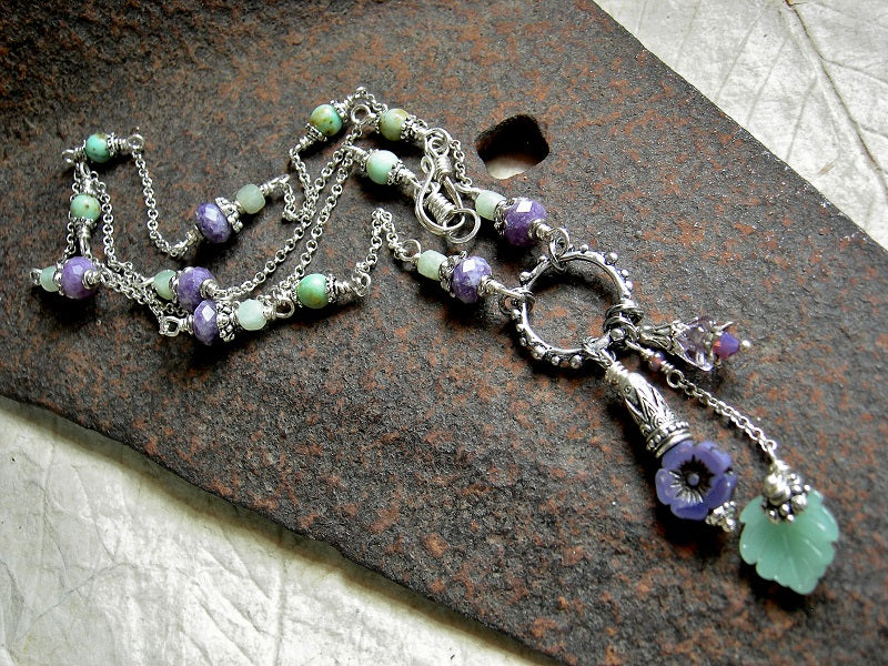 Violets in Spring Necklace, Purple & Green Gemstone, Silver Chain