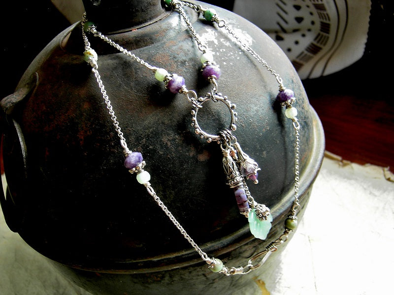 Violets in Spring Necklace, Purple & Green Gemstone, Silver Chain