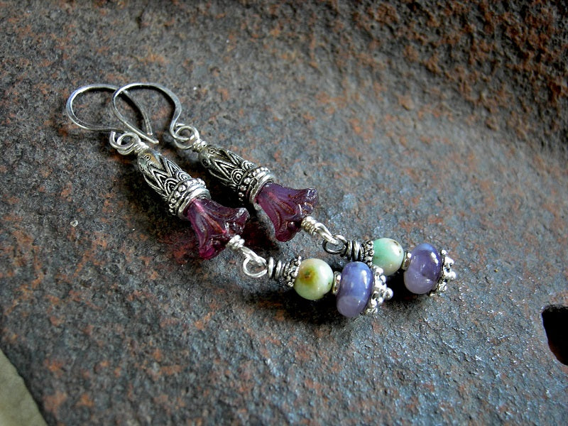 Spring Flowers, Purple & Green Gemstone, Glass Flowers & Silver Cones