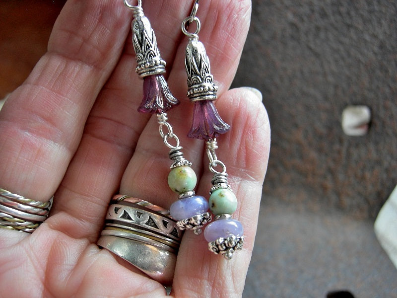 Spring Flowers, Purple & Green Gemstone, Glass Flowers & Silver Cones