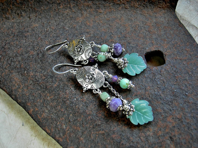 Lilac Flower Chandelier Earrings, Purple & Green Stone, Silver Hangers