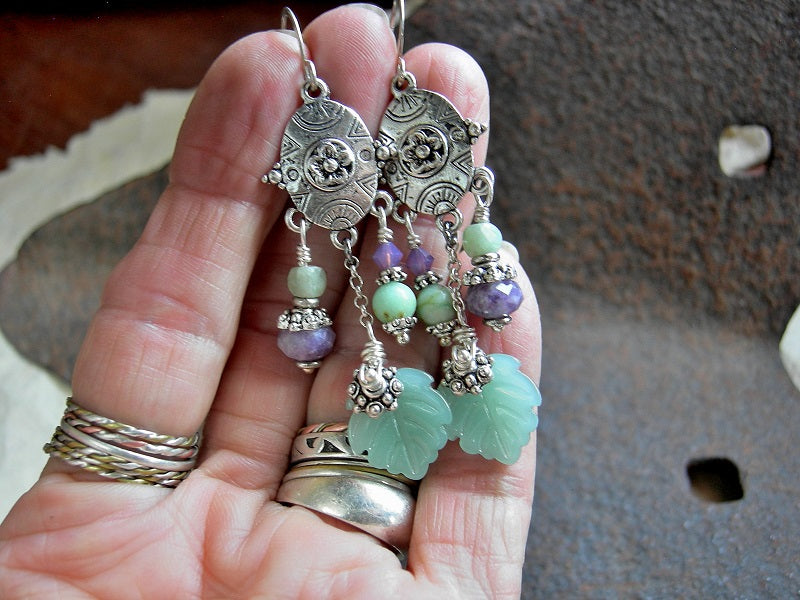 Lilac Flower Chandelier Earrings, Purple & Green Stone, Silver Hangers