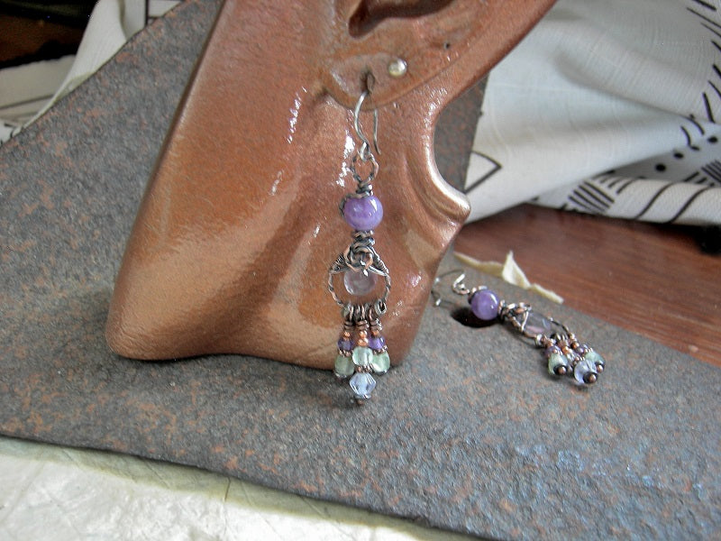 Copper Twist Chandelier Earrings, Lilac & Water Green Gemstone