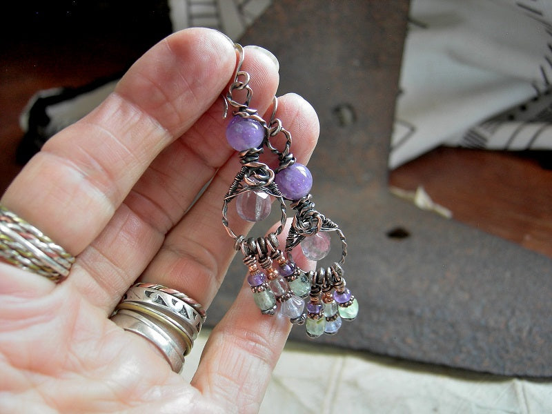 Copper Twist Chandelier Earrings, Lilac & Water Green Gemstone