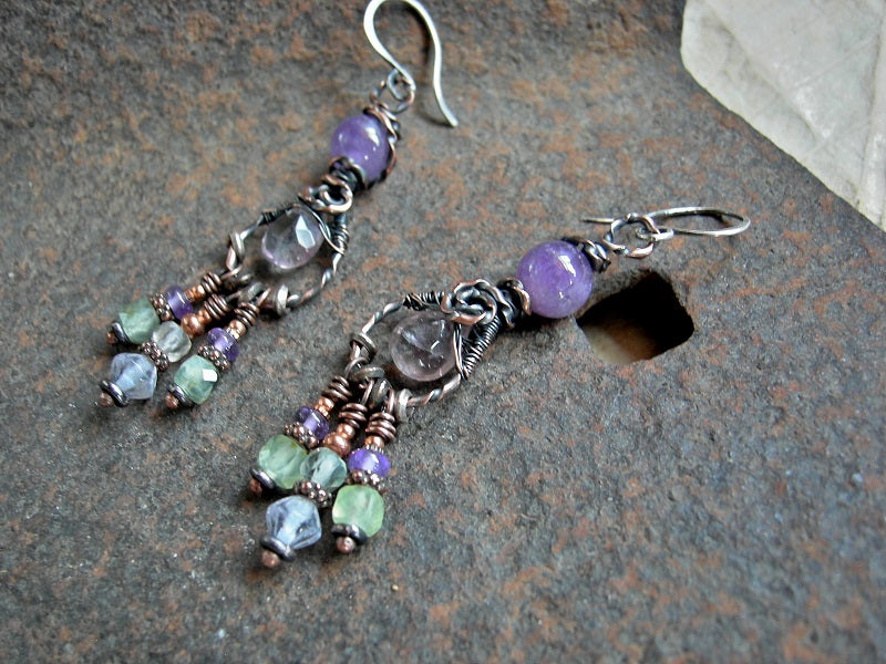 Copper Twist Chandelier Earrings, Lilac & Water Green Gemstone