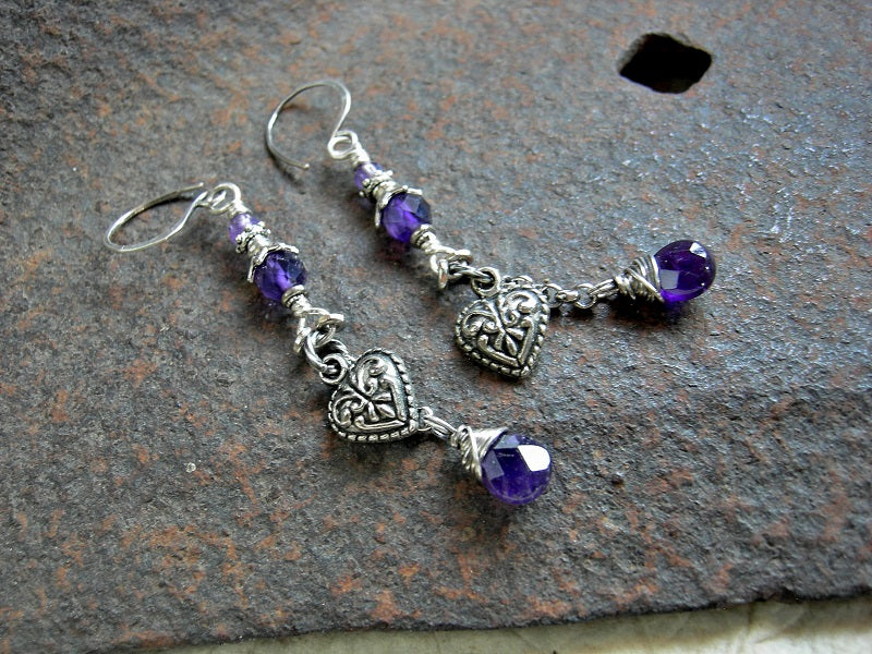 Silver Heart Earrings, Velvety Purple Faceted Amethyst, Long Drops