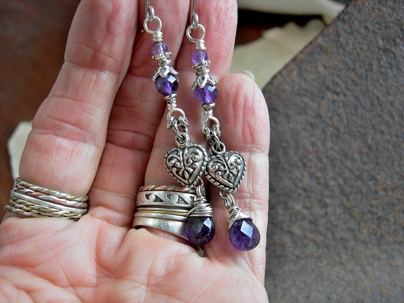 Silver Heart Earrings, Velvety Purple Faceted Amethyst, Long Drops