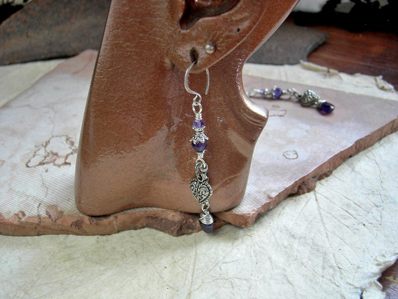 Silver Heart Earrings, Velvety Purple Faceted Amethyst, Long Drops