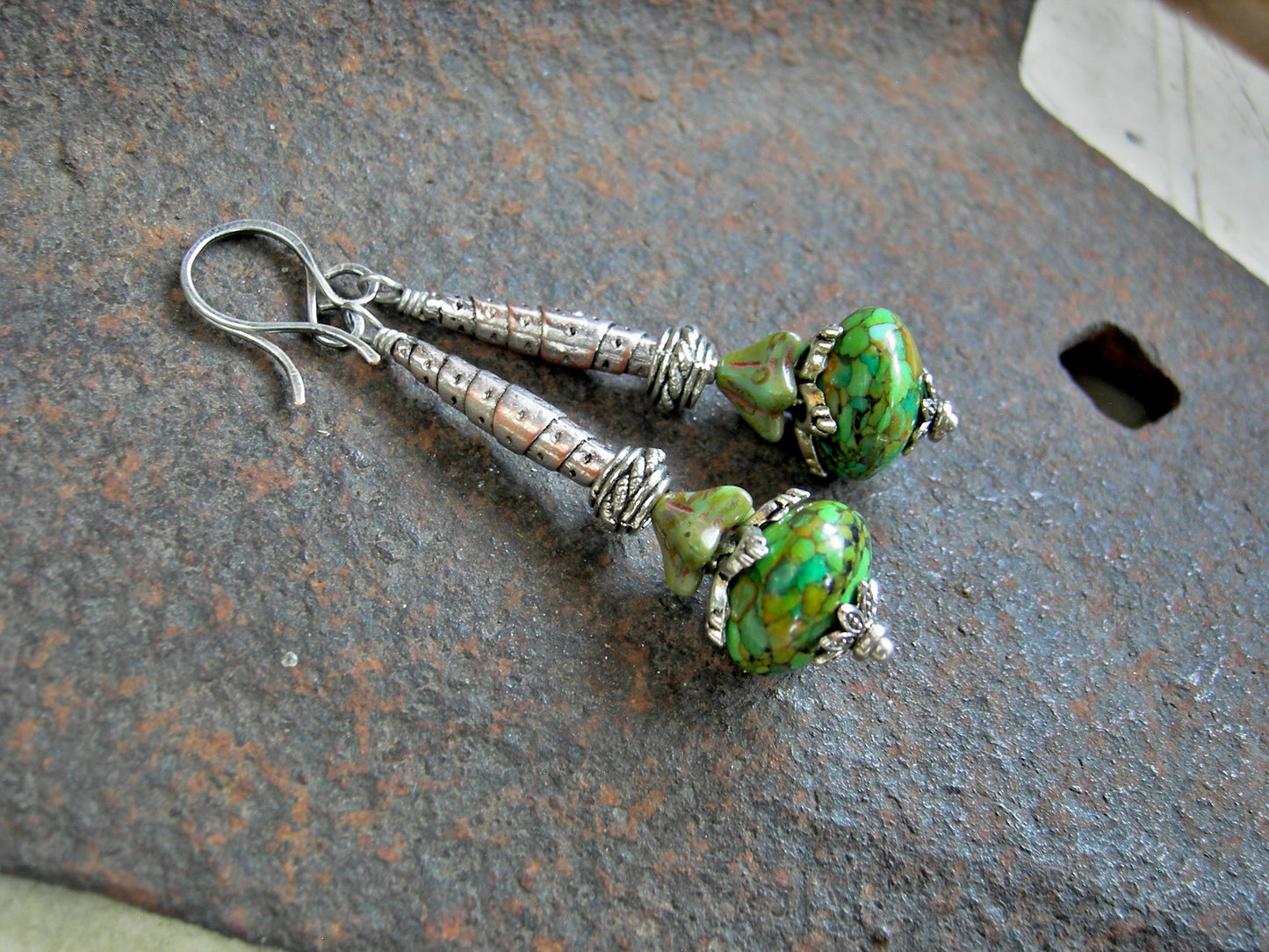 Elegant Silver & Green Drop Earrings, Mosaic Magnesite, Glass Flowers