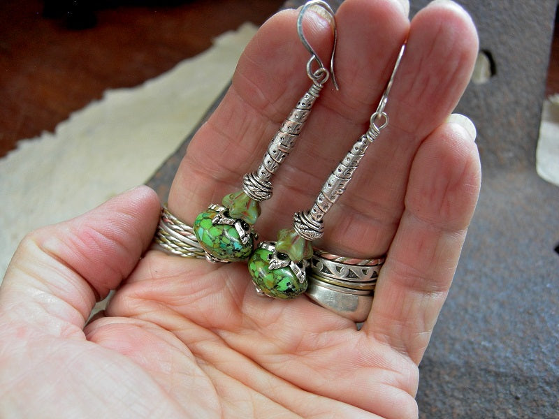Elegant Silver & Green Drop Earrings, Mosaic Magnesite, Glass Flowers