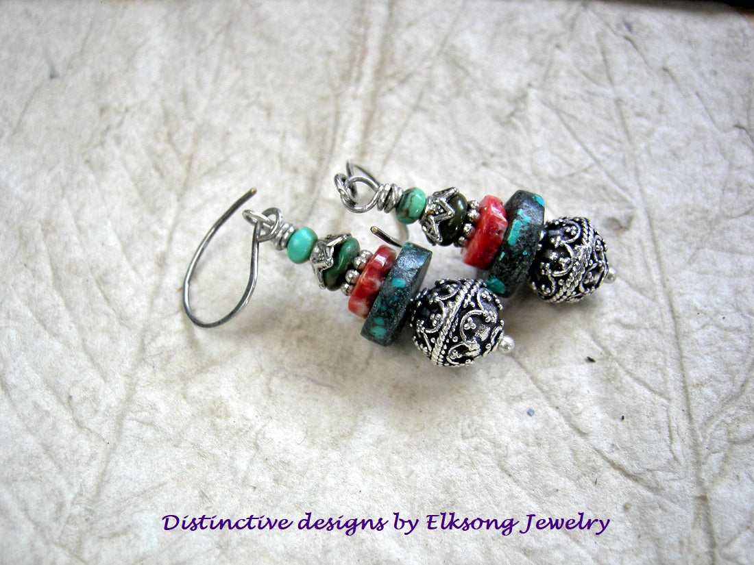 Multi color gemstone stack earrings with turquoise, spiny oyster shell & sterling-over-copper Bali style beads.