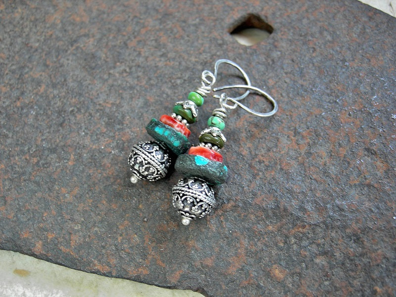 Lush Gemstone Stack Earrings, Turquoise, Spiny Oyster Shell, Sterling