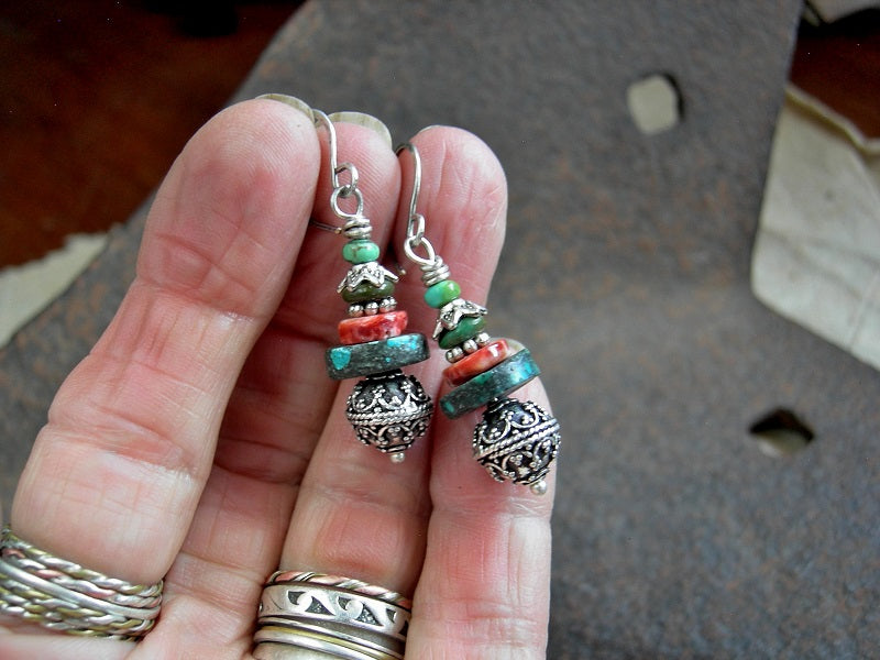 Lush Gemstone Stack Earrings, Turquoise, Spiny Oyster Shell, Sterling