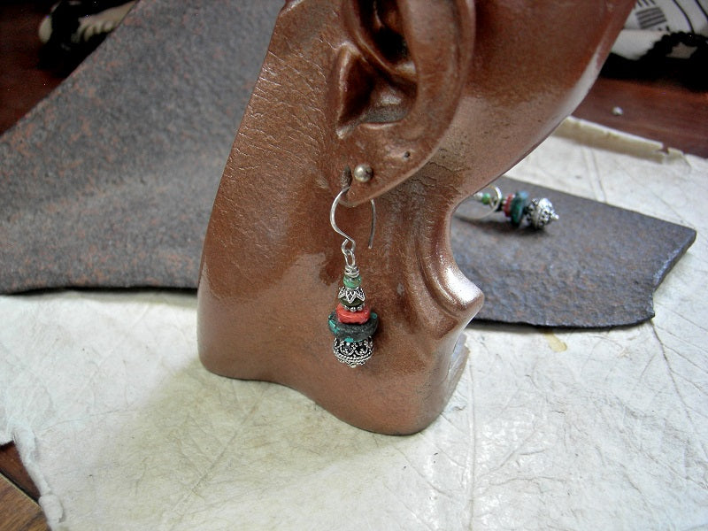 Lush Gemstone Stack Earrings, Turquoise, Spiny Oyster Shell, Sterling
