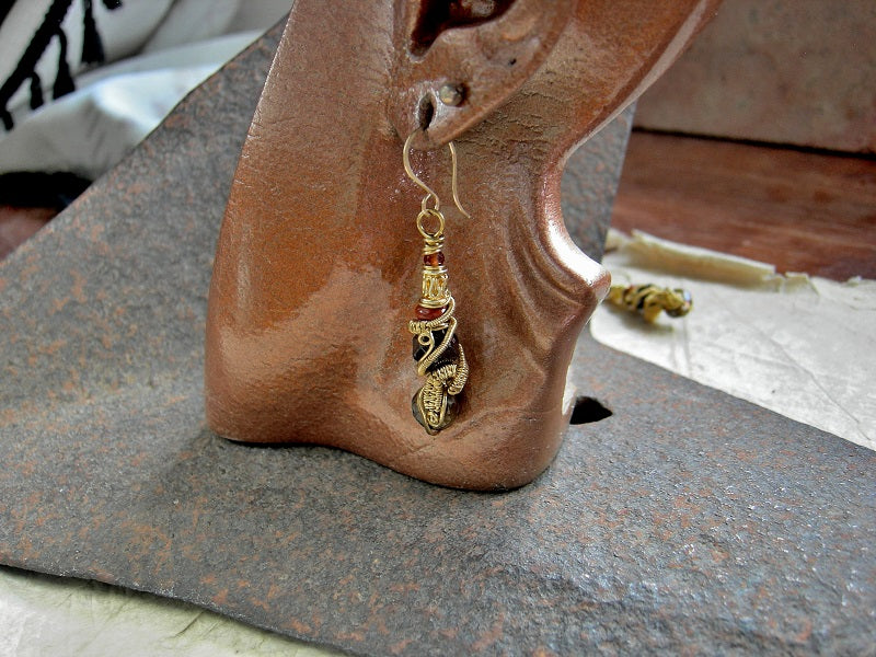 Golden Fire Earrings, Multi Color Garnet, Golden Brass Wire Wrap