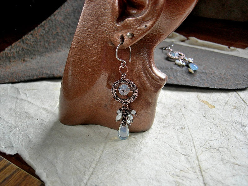 Opal Light Earrings, Copper Wire Wrap, Opalite Teardrops, Vintage Pearls