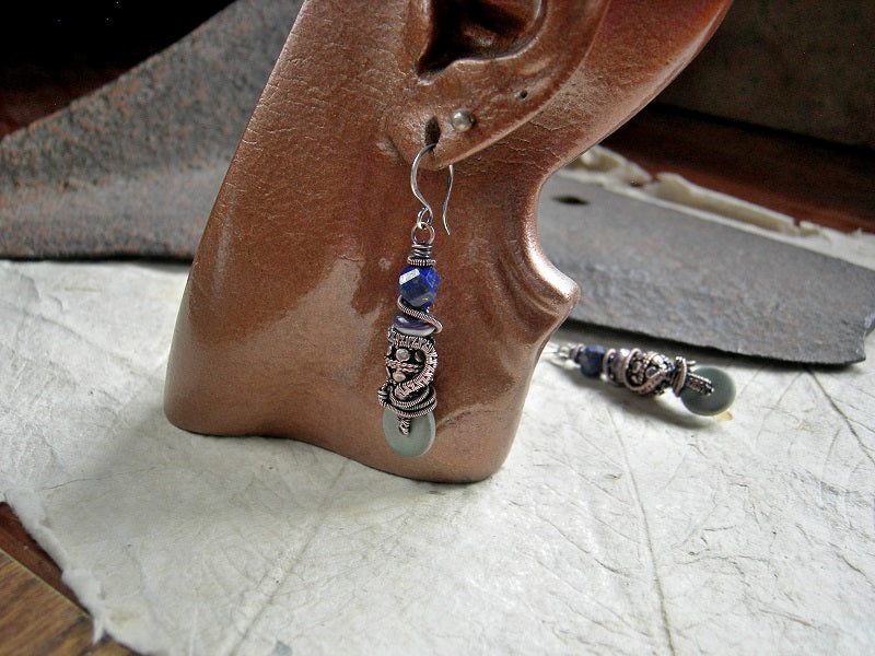 Earthy Blue, Copper Wire Wrap Earrings, Lapis, Wampum Shell, Ceramic